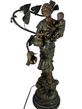 Antique French Spelter Pecheuse Newel Post Lamp Art Nouveau Mestais Sculpture