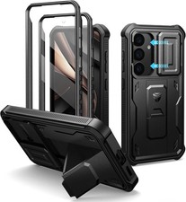 Rugged Black Case for Samsung Galaxy S25 with Kickstand Slide Camera Cover