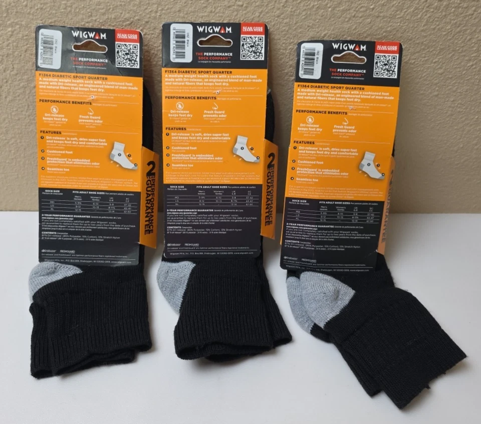 Lote De 3 Calcetines Wigwam Diabéticos Deportivos Quater Negros Hombres 9-12 Mujeres 10-13 EE. UU. L Foto 4 de 4
