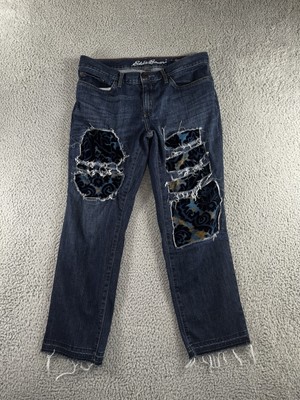 Eddie Bauer Crop Boyfriend Jeans Women 8 Floral Embroidered Patchwork Denim