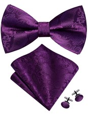 Dark Purple Bow Tie Pocket Square Set for Wedding Pre-Tied Paisley Solid Bowt...