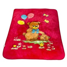 Vintage Mink Baby Blanket Bear Puppy Balloons Butterflies Plush Kawaii red Trim