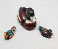 Vtg 3 Ceramic Ducks 1 Large 2 Small Handpainted Tufted Mallard Folk Art Decor