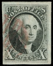 [VP20] USA 1847 Sc#2 used 10¢ black 4 margins w/red cancel "Signed Georg Buhler"