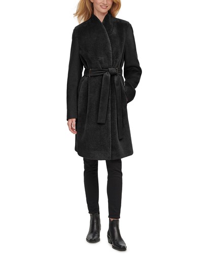 Calvin Klein Petite Belted Faux-Fur-Front Teddy Coat - Black