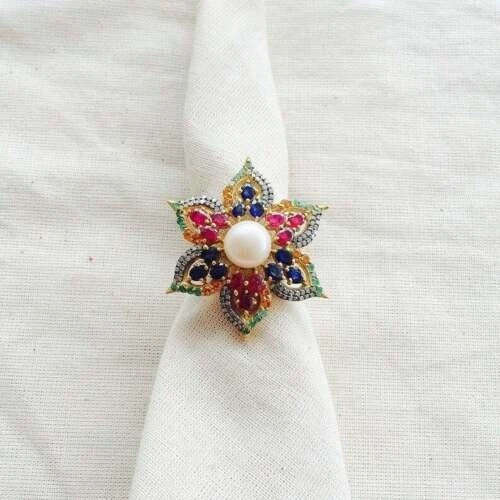 925 Sterling Silver Ring Studded Natural Em , Rub , Sapp , Pear&Pave Diamond - Image 2 of 4