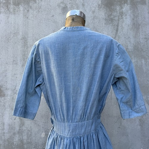 Antique Edwardian Blue Chambray Cotton Dress Workwear Prairie Maxi Vintage - Picture 19 of 23