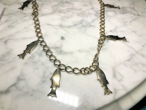 Unusual Necklace Gold Tone Large Links 1/2" Chain 36" & 7 Fish 1 3/4" - Picture 2 of 5
