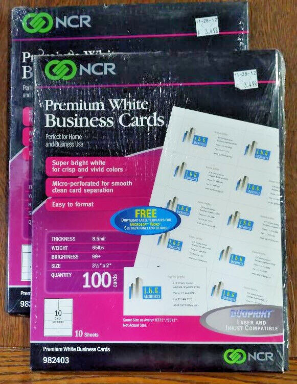 Lot of 2 Packs Premium White Business Cards 3.5x2" 100 per pack Laser and Inkjet