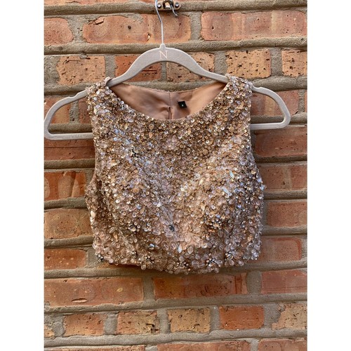 Camicetta canotta nuda con perline midriff crop top paillettes impreziosita taglia 2 XS/S