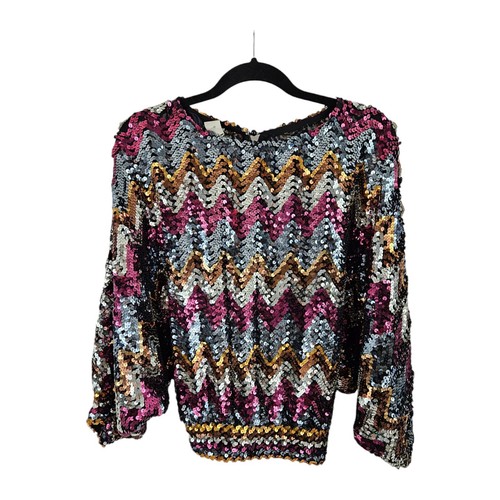 Vintage 70's Disco Sequin Top Shirt Batwing Sleeve Glam Party Zig Zag Women's 10