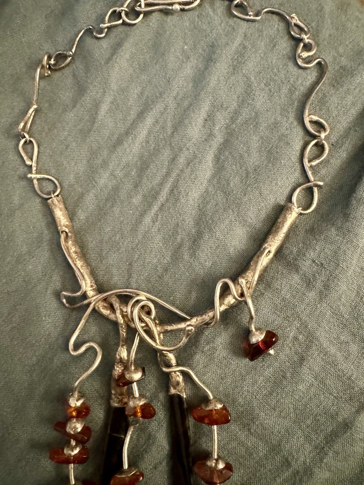 Artisan Signed Statement Necklace Amber Sterling … - image 4