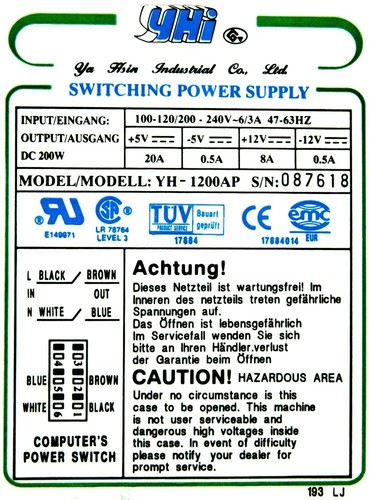 NETZTEIL AT COMPUTER POWER SUPPLY RETRO YHI YH-1200AP 200W AT AUX MOLEX FDD - Bild 3 von 3