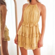 NWT LULUS Halter Mini Dress Mustard Yellow Ruffled Striped Backless Size M