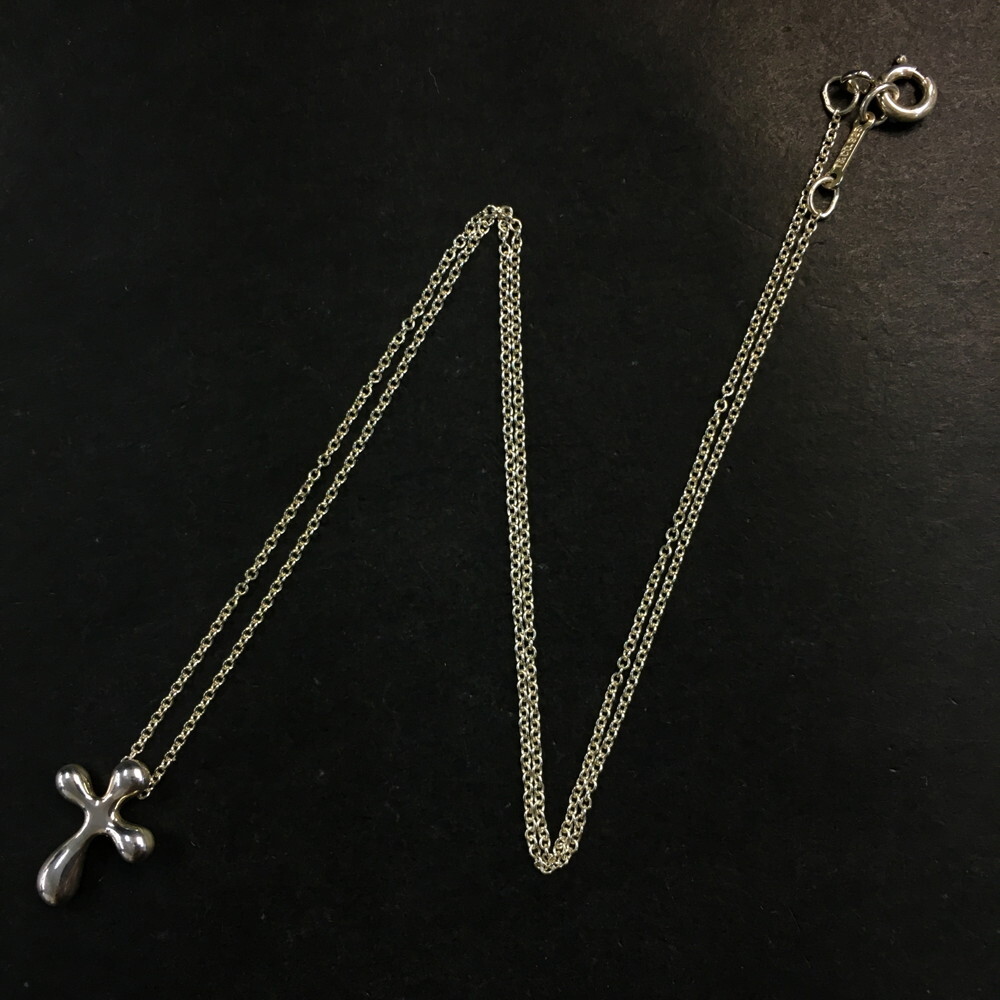 TIFFANY&CO. Silver 925 Tear Drop Cross Pendant Necklace/3AF0286