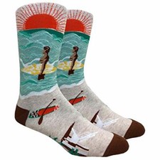Novelty Fun Crew Print Socks for Dress or Casual Big Wave Surf Beige 94B 
