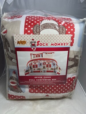 Vintage Sock Monkey 7 Piece Comforter Sheet Set Full Size New! Hard To Find