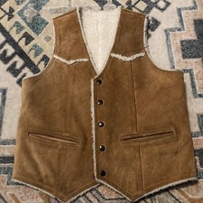 Brown Suede Trucker Vest with Sherpa Lining by Leather Craft 70s Vintage Sz S/M
