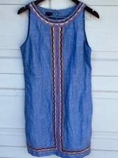 Talbots Shift Dress 8P  Blue Embroidered Sleeveless Linen Cotton Blend   NWOT