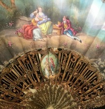 Fine Antique 19th Museum Quality French Hand Painted Rococo Romantic Fan Ca 1850