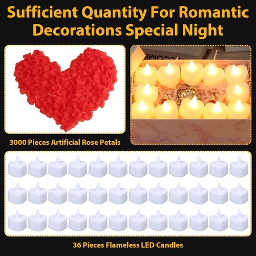 3000Pcs Rose Petals with 36Pcs LED Tea Lights Candles, Rose Petals for Romantic - Picture 3 of 5