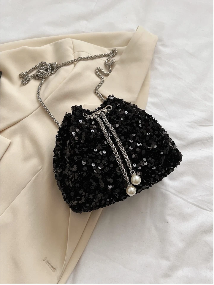 Mini bolso cubo negro con lentejuelas brillantes cierre de cordón bolso de hombro Foto 3 de 4