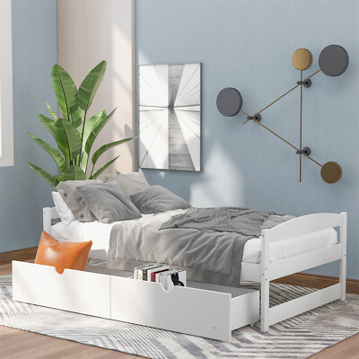 Twin Size Bed Frame Wooden Platform Bed w/ 2 Drawers White/Gray/Espresso
