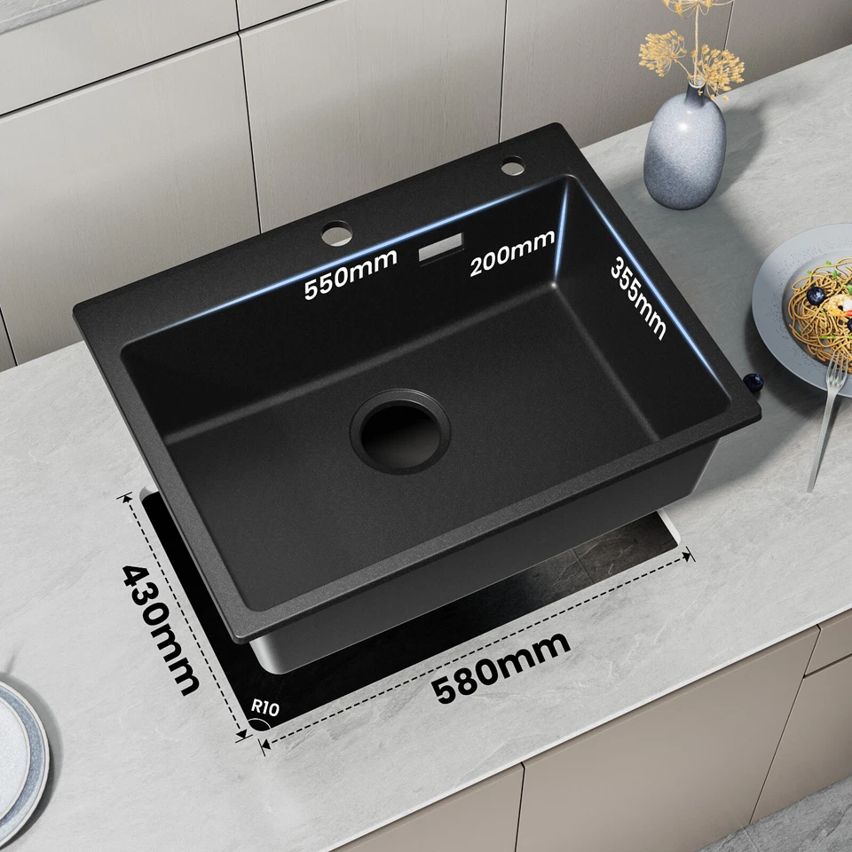 Granit Spülbecken Schwarz Küchenspüle mit Siebkorb Granitspüle mit Siphon 60x45 - Bild 3 von 4