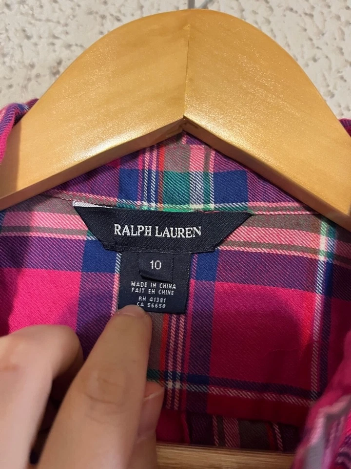 Camisa Ralph Lauren para niña rosa y verde a cuadros de algodón con volantes con botones talla 10 Foto 3 de 4