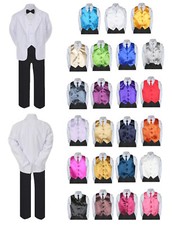 7pc Boy Formal Black  White Suit Tux Set Satin Necktie  Vest Kids 4T-20 Teen