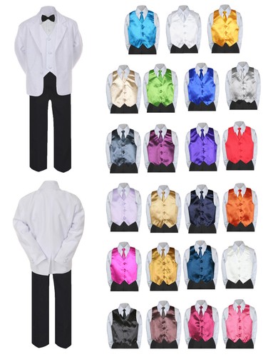 7pc Boy Formal Black & White Suit Tux Set Satin Necktie & Vest Kids 4T-20 Teen