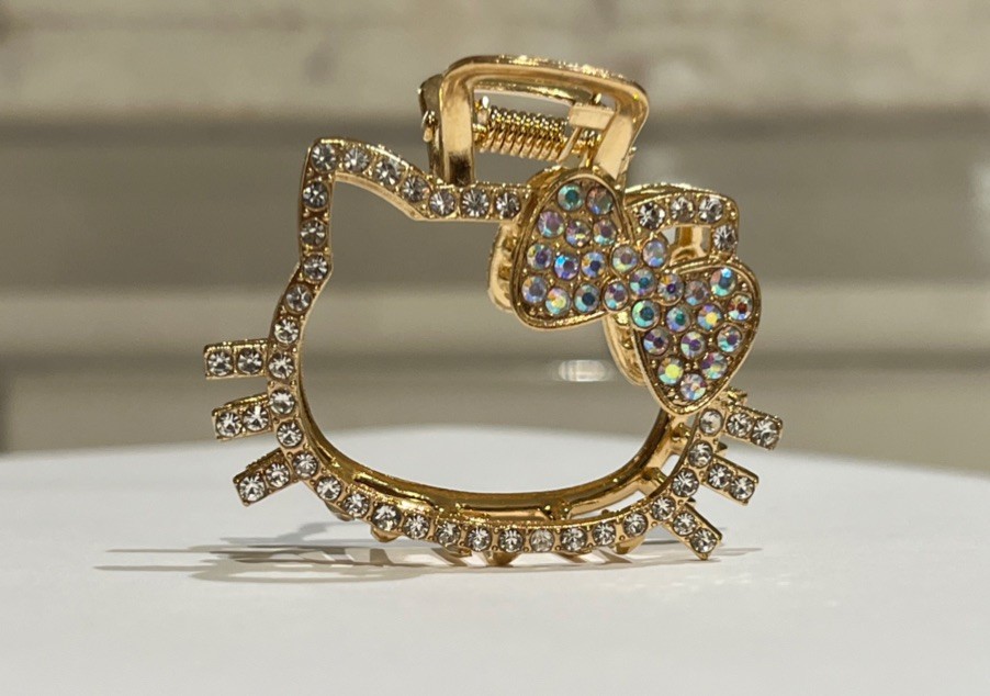 Hello Kitty Hair Clip Goldtone Clear Rhinestone Hair Pin Sparkle Bow Hair Claw