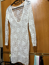 Women’s White Floral Lace Sheer V-Neck Long Sleeve Mini Bodycon Dress S