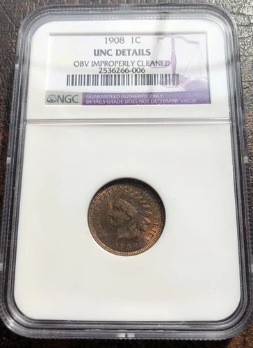 1908 Indian Head Cent Penny NGC Slabbed & Graded UNC Details OBV Cleaned Sharp