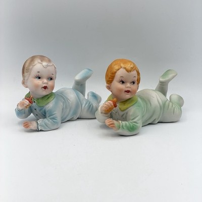 Vtg Piano Baby UCGC Porcelain Bisque Figurines Laying Pajamas Pacifier Set of 2