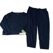 Softies Pajama Set Womens Size XL Blue Hannah Long Sleeve Henley Ankle Stretch
