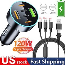 65W Multi-port Type-C PD Fast Car Charger, 4FT 4-in-1 Cable For All Cell Phone