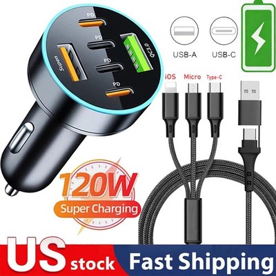 65W Multi-port Type-C PD Fast Car Charger, 4FT 4-in-1 Cable For All Cell Phone