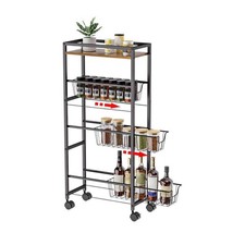 Slim Rolling Cart 4 Tier Kitchen Storage Trolley w/ Pull-Out Basket Utility Cart