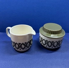 Regent Sheffield Cream and Sugar Bowl Ceramic White Green Ovals With Lid