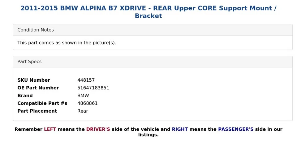 2011-2015 BMW ALPINA B7 XDRIVE - REAR Upper CORE Support Mount / Bracket - Image 4 of 4