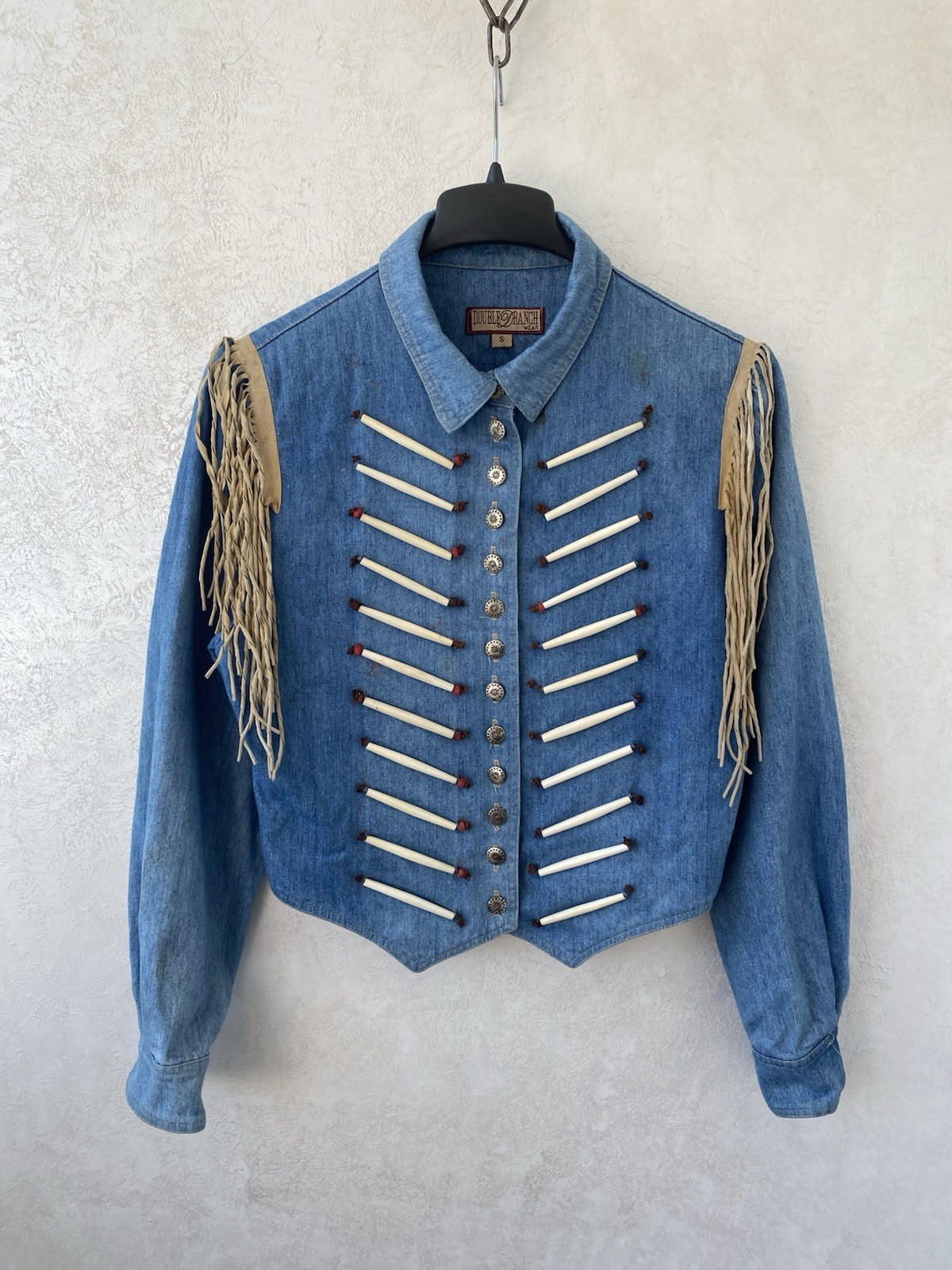 Vtg DOUBLE D RANCH Wear Women's Denim Jean Horn Bone Jacket Sz S Western Boho
