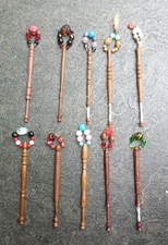 10 Vintage Mixed Wooden Lace Makers Bobbins With Spangles