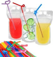 100 Pcs Drink Pouches with 100 Straw Holes, Freezable Juice Pouches, Translucent
