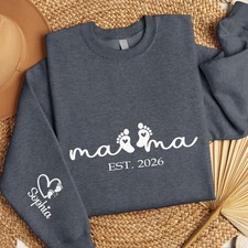 Custom Mama Sweatshirt with Baby Feet Name on Sleeve, New Mom Gift, Mother s D