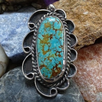 Exquisite Fred Maloney FM Navajo Turquoise Ring Size 8.25 Sterling Silver Signed