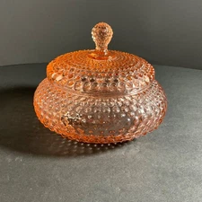 Powder Puff Jar Pink Hobnail Glass Box 30’s Vintage Dresser Box 6”W x 3.5”H