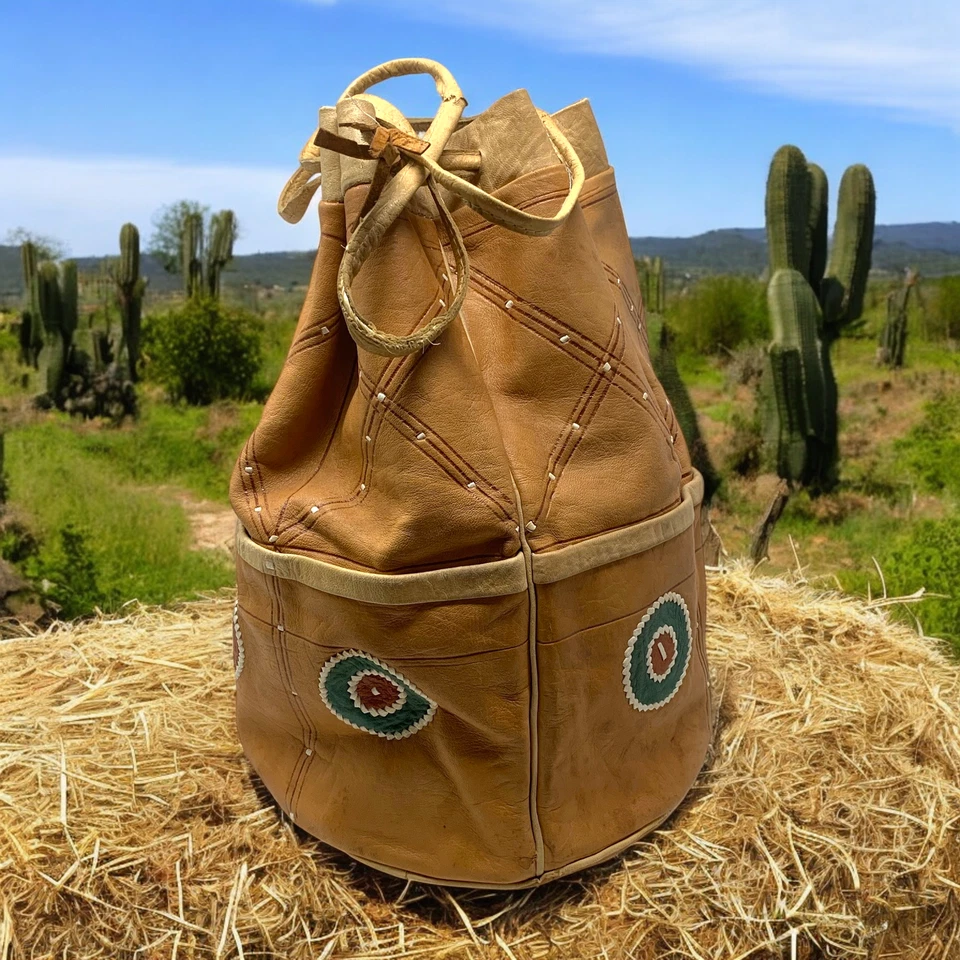 Cartera Bolso Cubo Vintage Hecha a Mano Cuero de Piel para Niños Suroeste con Cordón Foto 2 de 4