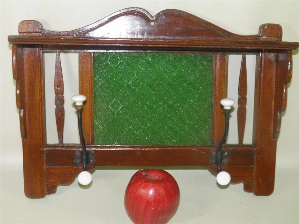 ANTIQUE HAND CARVED WALNUT ARTS & CRAFTS HAT COAT RACK GREEN GLASS - Image 1 of 1