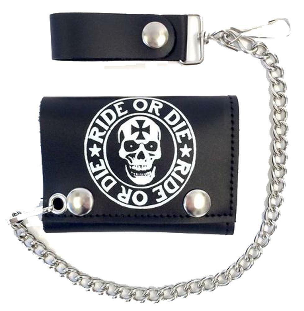 RIDE OR DIE SKULL HEAD TRIFOLD BIKER WALLET W CHAIN mens LEATHER